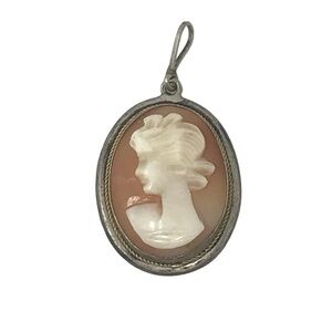 Sterling 925 Silver Vintage Carved Pink Shell Cameo Pendant